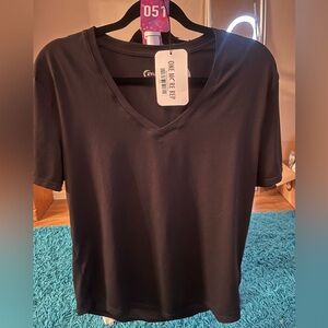 ZYIA Active Women’s Elegant Black V-Neck Downtime Relaxed Tee Shirt